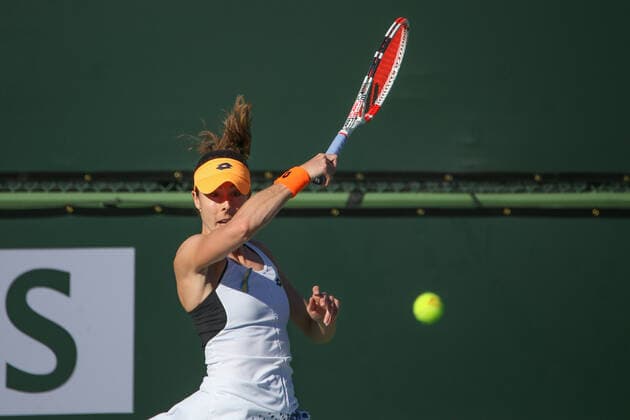 INDIAN WELLS, CA - MARCH 11: Alize Cornet (FRA) hits a forehand during the BNP Paribas Open on March 11, 2022 at Indian Wells Tennis Garden in Indian Wells, CA. (Photo by George Walker Icon Sportswire) TENNIS: MAR 11 BNP Paribas Open Icon220311051