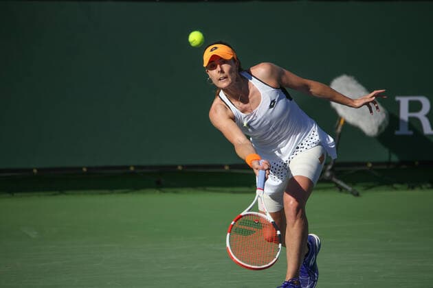 INDIAN WELLS, CA - MARCH 11: Alize Cornet (FRA) hits a forehand during the BNP Paribas Open on March 11, 2022 at Indian Wells Tennis Garden in Indian Wells, CA. (Photo by George Walker Icon Sportswire) TENNIS: MAR 11 BNP Paribas Open Icon220311060