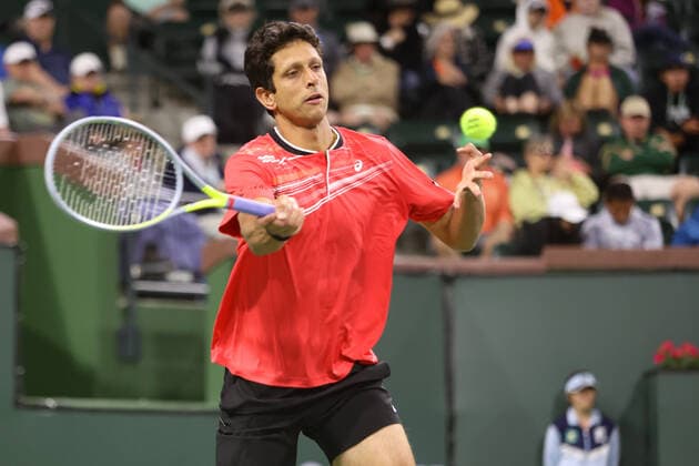 INDIAN WELLS, CA - MARCH 11: Marcelo Melo (BRA) hits a forehand during the BNP Paribas Open on March 11, 2022 at Indian Wells Tennis Garden in Indian Wells, CA. (Photo by George Walker Icon Sportswire) TENNIS: MAR 11 BNP Paribas Open Icon220311069