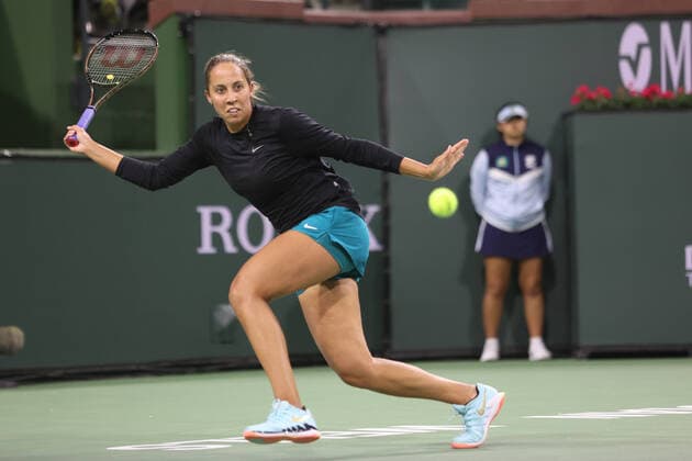 INDIAN WELLS, CA - MARCH 11: Madison Keys (USA) hits a forehand during the BNP Paribas Open on March 11, 2022 at Indian Wells Tennis Garden in Indian Wells, CA. (Photo by George Walker Icon Sportswire) TENNIS: MAR 11 BNP Paribas Open Icon220311078
