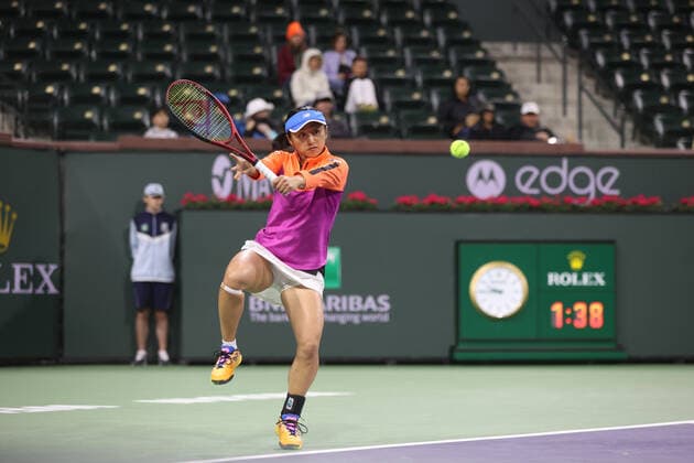INDIAN WELLS, CA - MARCH 11: Misaki Doi (JPN) hits a backhand during the BNP Paribas Open on March 11, 2022 at Indian Wells Tennis Garden in Indian Wells, CA. (Photo by George Walker Icon Sportswire) TENNIS: MAR 11 BNP Paribas Open Icon220311080