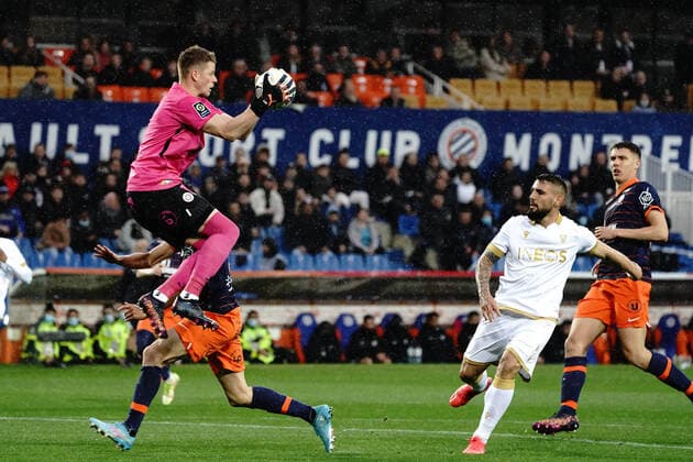 Jonas Omlin (Montpellier FC) - Andy Delort (OGC Nice) FOOTBALL : Montpellier vs OGC Nice - Ligue 1 Uber Eats - Montpellier - 12 03 2022 NorbertScanella Panoramic 