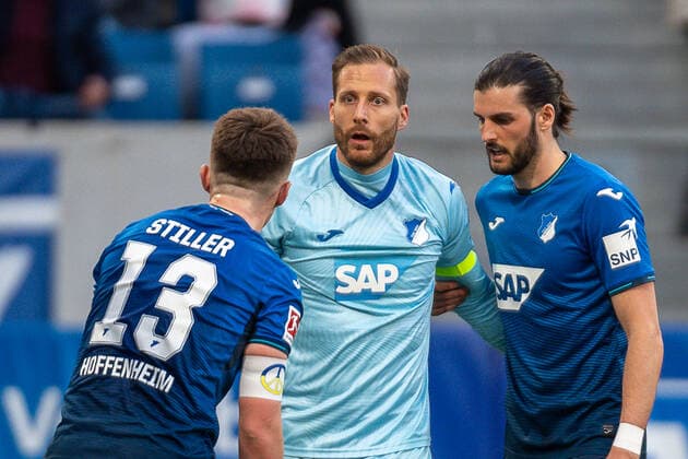 Angelo Stiller TSG 1899 Hoffenheim, 13 , Oliver Baumann TSG 1899 Hoffenheim, 01 , Florian Grillitsch TSG 1899 Hoffenheim, 11 , GER, TSG 1899 Hoffenheim vs FC Bayern Muenchen, Football, Bundesliga, 26 Spieltag, Spielzeit 2021 2022, 12 03 2022, DFB DFL regulations prohibit any use of photographs as image sequences and or quasi video , GER, TSG 1899 Hoffenheim vs FC Bayern Muenchen, Football, Bundesliga, 26 Spieltag, Spielzeit 2021 2022, 12 03 2022 Sinsheim Copyright: xEibner-Pressefoto SaschaxWaltherx EP_EER
