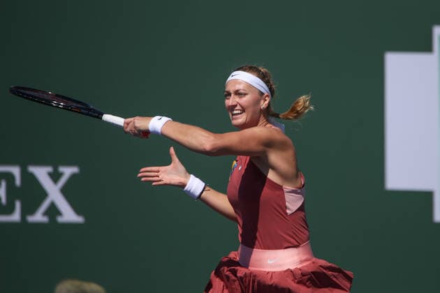 INDIAN WELLS, CA - MARCH 12: Petra Kvitova (CZE) hits a forehand during the BNP Paribas Open on March 12, 2022 at Indian Wells Tennis Garden in Indian Wells, CA. (Photo by George Walker Icon Sportswire) TENNIS: MAR 12 BNP Paribas Open Icon220312010