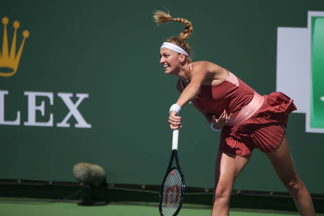 INDIAN WELLS, CA - MARCH 12: Petra Kvitova (CZE) serves during the BNP Paribas Open on March 12, 2022 at Indian Wells Tennis Garden in Indian Wells, CA. (Photo by George Walker Icon Sportswire) TENNIS: MAR 12 BNP Paribas Open Icon220312011