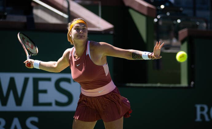 March 12, 2022, INDIAN WELS, CALIFORNIA, UNITED STATES: Aryna Sabalenka of Belarus in action during the second round of the 2022 BNP Paribas Open WTA, Tennis Damen 1000 tennis tournament against Jasmine Paolini of Italy INDIAN WELS UNITED STATES - ZUMAa181 20220312_zaa_a181_204 Copyright: xRobxPrangex