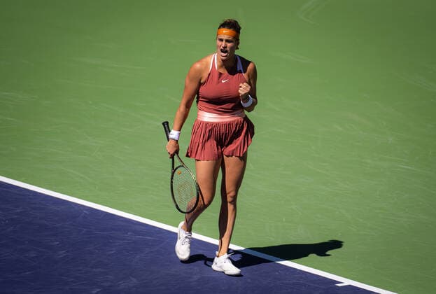 March 12, 2022, INDIAN WELS, CALIFORNIA, UNITED STATES: Aryna Sabalenka of Belarus in action during the second round of the 2022 BNP Paribas Open WTA, Tennis Damen 1000 tennis tournament against Jasmine Paolini of Italy INDIAN WELS UNITED STATES - ZUMAa181 20220312_zaa_a181_209 Copyright: xRobxPrangex