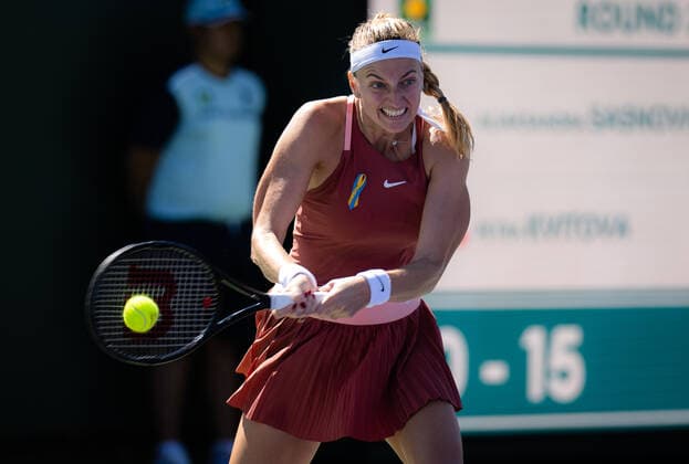 March 12, 2022, INDIAN WELS, CALIFORNIA, UNITED STATES: Petra Kvitova of the Czech Republic in action during the second round of the 2022 BNP Paribas Open WTA, Tennis Damen 1000 tennis tournament against Aliaksandra Sasnovich of Belarus INDIAN WELS UNITED STATES - ZUMAa181 20220312_zaa_a181_222 Copyright: xRobxPrangex