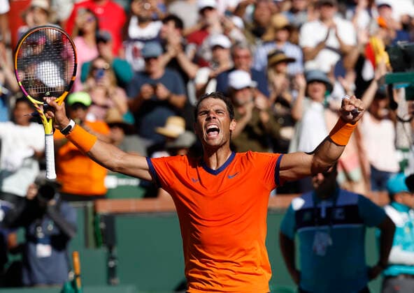March 12, 2022 Rafael Nadal of Spain celebrates after defeating Sebastian Korda during the 2022 BNP Paribas Open at Indian Wells Tennis Garden in Indian Wells, California. Mandatory Photo Credit: CSM. Indian Wells United States of America - ZUMAc04_ 20220312_zaf_c04_177 Copyright: xCharlesxBausx