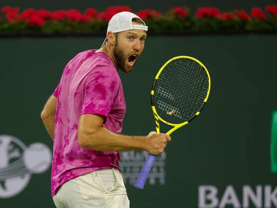 March 12, 2022 Jack Sock reacts to winning a point against Stefanos Tsitsipas of Greece during the 2022 BNP Paribas Open at Indian Wells Tennis Garden in Indian Wells, California. Mandatory Photo Credit: CSM. Indian Wells United States of America - ZUMAc04_ 20220312_zaf_c04_374 Copyright: xCharlesxBausx