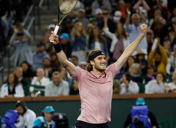 March 12, 2022 Stefanos Tsitsipas of Greece celebrates winning match point against Jack Sock during the 2022 BNP Paribas Open at Indian Wells Tennis Garden in Indian Wells, California. Mandatory Photo Credit: CSM. Indian Wells United States of America - ZUMAc04_ 20220312_zaf_c04_355 Copyright: xCharlesxBausx