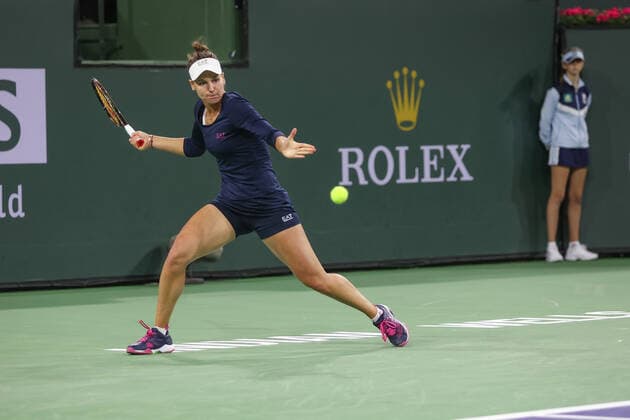 INDIAN WELLS, CA - MARCH 12: Veronika Kedermetova hits a forehand during the BNP Paribas Open on March 12, 2022 at Indian Wells Tennis Garden in Indian Wells, CA. (Photo by George Walker Icon Sportswire) TENNIS: MAR 12 BNP Paribas Open Icon220312070