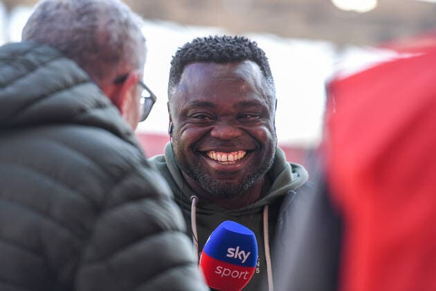 Gerald Asamoah head license, Schalke laughing at interview, TV, television, microphone, 13 03 2022, Ingolstadt Germany , Football, 2 Bundesliga, FC Ingolstadt 04 FC Schalke 04, DFB DFL REGULATES PROHIBIT ANY USE OF PHOTOGRAPHS AS IMAGE SEQUENCES AND OR QUASI VIDEO xslx