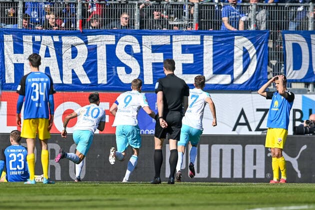 Schalke player celebrating goal, cheering, goal celebration, celebrate the goal, goal, celebration, cheering about the goal to 0 1 by Rodrigo Zalazar Schalke, 10 , optimistic, action, action, FC Ingolstadt player looking disappointed, disappointment, frustration, disappointed, pessimistic, 13 03 2022, Ingolstadt Germany , football, 2 Bundesliga, FC Ingolstadt 04 FC Schalke 04, DFB DFL REGULATES PROHIBIT ANY USE OF PHOTOGRAPHS AS IMAGE SEQUENCES AND OR QUASI VIDEO xslx