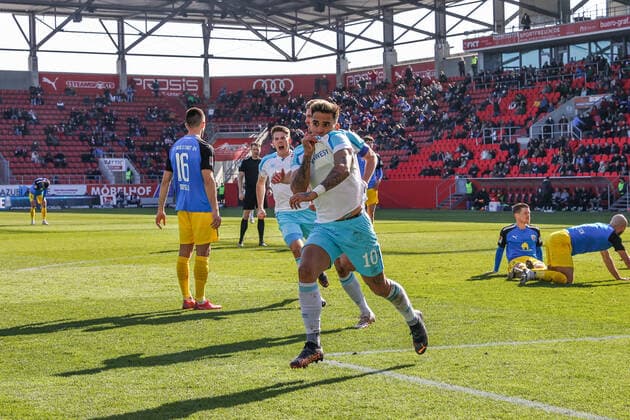 13 03 2022, Football, 2021 2022 season, 2 Bundesliga, 26 matchday, FC Ingolstadt 04 FC Schalke 04, Rodrigo Zalazar FC Schalke 04 cheers after his goal to 0 to 1 Photo Tim Rehbein RHR FOTO Ingolstadt Audi Sportpark Bayern Germany xRHR FOTO TRx