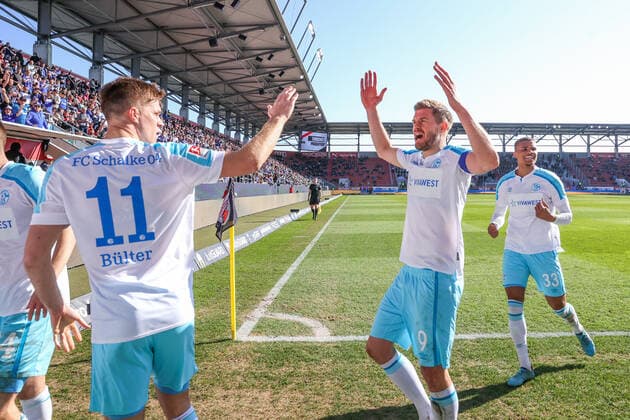 13 03 2022, football, 2021 2022 season, 2 Bundesliga, 26 matchday, FC Ingolstadt 04 FC Schalke 04, f l Marius Bülter FC Schalke 04 , Simon Terodde FC Schalke 04 photo Tim Rehbein RHR FOTO Ingolstadt Audi Sportpark Bayern Germany xRHR FOTO TRx