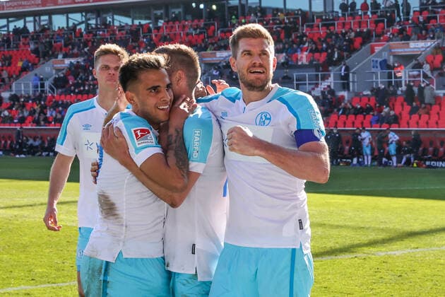 13 03 2022, Football, 2021 2022 season, 2 Bundesliga, 26 match day, FC Ingolstadt 04 FC Schalke 04, f l Rodrigo Zalazar FC Schalke 04 , Dominick Drexler FC Schalke 04 , Simon Terodde FC Schalke 04 photo Tim Rehbein RHR FOTO Ingolstadt Audi Sportpark Bayern Germany xRHR FOTO TRx