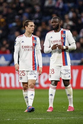 Maxence Caqueret (Olympique Lyonnais) et Tanguy Ndombele (Olympique Lyonnais) FOOTBALL : Olympique Lyonnais vs Stade Rennais - Ligue 1 Uberteat - 13 03 2022 AurelienMorissard Panoramic 