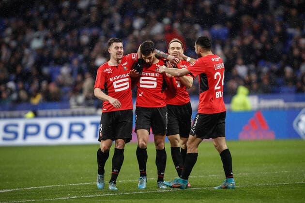 Joie des joueurs de Rennes apres le but de Martin Terrier (Rennes) FOOTBALL : Olympique Lyonnais vs Stade Rennais - Ligue 1 Uberteat - 13 03 2022 AurelienMorissard Panoramic 