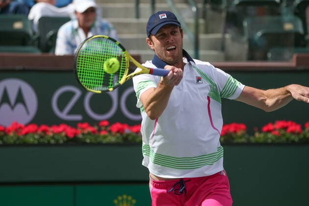 INDIAN WELLS, CA - MARCH 13: Sam Querrey (USA) hits a forehand during the BNP Paribas Open on March 12, 2022 at Indian Wells Tennis Garden in Indian Wells, CA. (Photo by George Walker Icon Sportswire) TENNIS: MAR 13 BNP Paribas Open Icon220313009