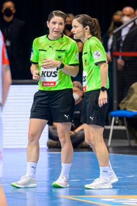 Stuttgart, Germany 13 March 2022 HBL 21 22 TVB 1898 Stuttgart vs SC Magdeburg Referee Tanja Kuttler and Maike Merz Stuttgart Porsche Arena Baden Württemberg Germany
