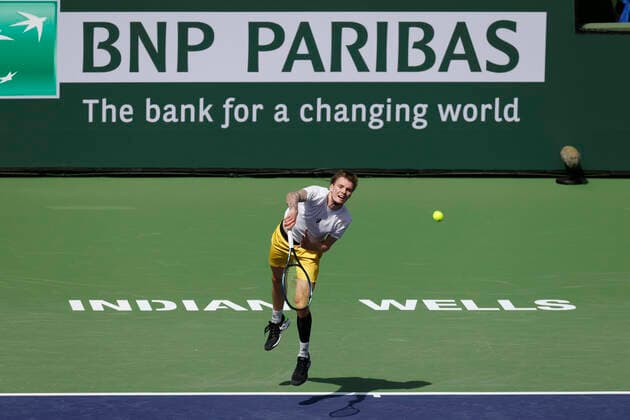 March 13, 2022 Alexander Bublik of Kazakhstan serves against Andy Murray of Great Britain during the 2022 BNP Paribas Open at Indian Wells Tennis Garden in Indian Wells, California. Mandatory Photo Credit: CSM. Indian Wells United States of America - ZUMAc04_ 20220313_zaf_c04_136 Copyright: xCharlesxBausx