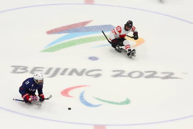 (L-R) Joseph Woodke (USA), Antoine Lehoux (CAN), MARCH 13, 2022 - Para Ice hockey, Eishockey : Final match between United States 5-0 Canada during the Beijing 2022 Paralympic Winter games, Winterspiele,Spiele, Summer games at National Indoor Stadium in Beijing, China.  (183223100)