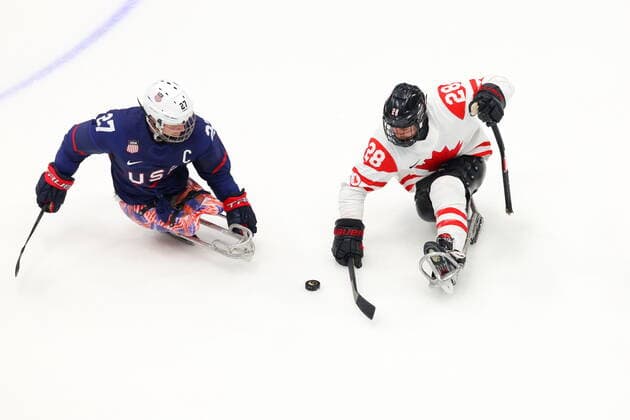 (L-R) Josh Pauls (USA), Antoine Lehoux (CAN), MARCH 13, 2022 - Para Ice hockey, Eishockey : Final match between United States 5-0 Canada during the Beijing 2022 Paralympic Winter games, Winterspiele,Spiele, Summer games at National Indoor Stadium in Beijing, China.  (183223106)