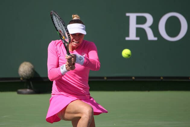 INDIAN WELLS, CA - MARCH 13: Vera Zvonareva hits a backhand during the BNP Paribas Open on March 13, 2022 at Indian Wells Tennis Garden in Indian Wells, CA. (Photo by George Walker Icon Sportswire) TENNIS: MAR 13 BNP Paribas Open Icon220313044