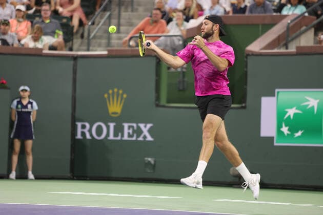 INDIAN WELLS, CA - MARCH 13: Jack Sock (USA) hits a forehand during the BNP Paribas Open on March 13, 2022 at Indian Wells Tennis Garden in Indian Wells, CA. (Photo by George Walker Icon Sportswire) TENNIS: MAR 13 BNP Paribas Open Icon220313080