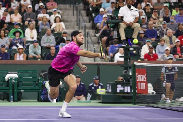 INDIAN WELLS, CA - MARCH 13: Jack Sock (USA) hits a volley during the BNP Paribas Open on March 13, 2022 at Indian Wells Tennis Garden in Indian Wells, CA. (Photo by George Walker Icon Sportswire) TENNIS: MAR 13 BNP Paribas Open Icon220313087