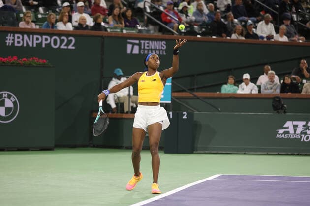 INDIAN WELLS, CA - MARCH 13: Cori Gauff (USA) serves during the BNP Paribas Open on March 13, 2022 at Indian Wells Tennis Garden in Indian Wells, CA. (Photo by George Walker Icon Sportswire) TENNIS: MAR 13 BNP Paribas Open Icon220313094