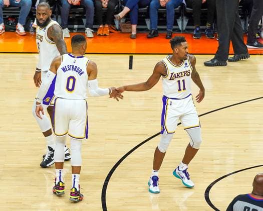 Phoenix, Arizona, March 13th 2022: Malik Monk ( 11 Los Angeles Lakers) celebrates with teamates during the National Basketball Association game between the Los Angeles Lakers and the Phoenix Suns at Footprint Center in Phoenix, Arizona. Edwin Rodriguez SPP Los Angeles Lakers v Phoenix Suns - NBA, Basketball Herren, USA - FootPrint Center 