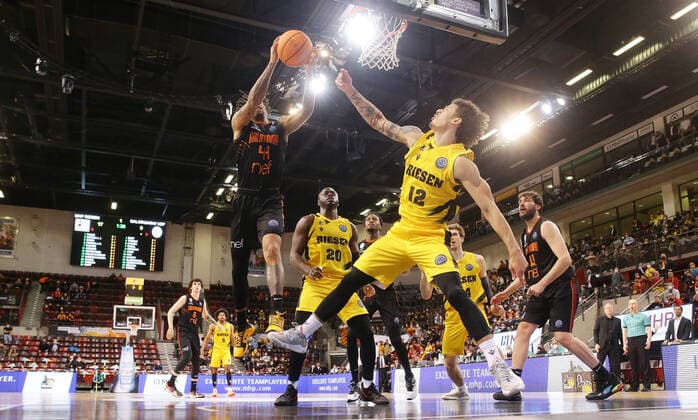 Ludwigsburg , Basketball Champions League Top 16 , MHP Riesen Ludwigsburg vs Galatasaray Nef , from left DeVaughn Akoon Purcell Gala Jonah Radebaugh Riesen
