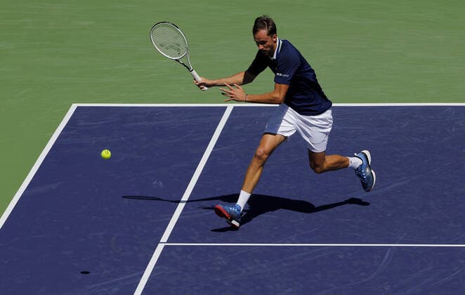 Mandatory Credit: Photo by Ella Ling Shutterstock (12845056c) Daniil Medvedev of Russia in action BNP Paribas Open, Tennis, Day 6, Indian Wells Tennis Garden, California, USA - 14 Mar 2022 BNP Paribas Open, Tennis, Day 6, Indian Wells Tennis Garden, California, USA - 14 Mar 2022  Copyright: xEllaxLing Shutterstockx 12845056c