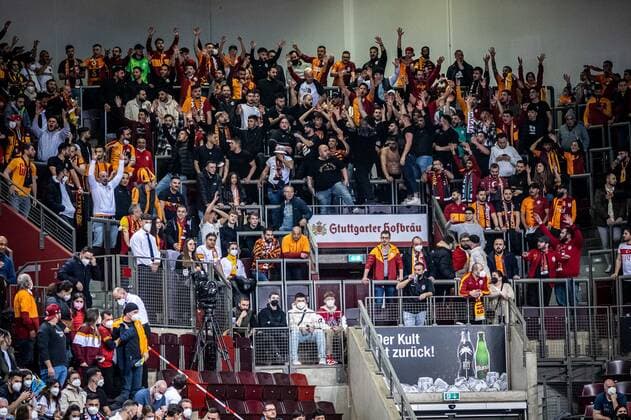 Fans of the Turkish team, GER, MHP Riesen Ludwigsburg vs Galatasaray Nef, basketball, Champions League, Best of 16, season 2021 2022, 14 03 2022, GER, MHP Riesen Ludwigsburg vs Galatasaray Nef, basketball, Champions League, Best of 16, season 2021 2022, 14 03 2022 Ludwigsburg Copyright: xEibner-Pressefoto SaschaxWaltherx EP_EER