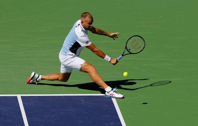 Mandatory Credit: Photo by Ella Ling Shutterstock (12845056ak) Dan Evans of Great Britain in action BNP Paribas Open, Tennis, Day 6, Indian Wells Tennis Garden, California, USA - 14 Mar 2022 BNP Paribas Open, Tennis, Day 6, Indian Wells Tennis Garden, California, USA - 14 Mar 2022  Copyright: xEllaxLing Shutterstockx 12845056ak