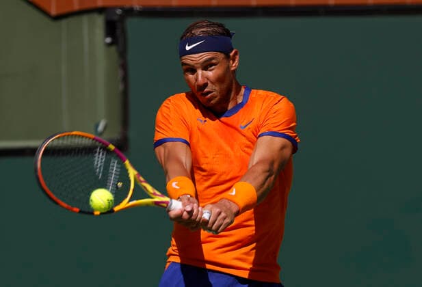 March 14, 2022 Rafael Nadal of Spain returns a shot against Daniel Evans of Britain during the 2022 BNP Paribas Open at Indian Wells Tennis Garden in Indian Wells, California. Mandatory Photo Credit: CSM. Indian Wells United States of America - ZUMAc04_ 20220314_zaf_c04_006 Copyright: xCharlesxBausx