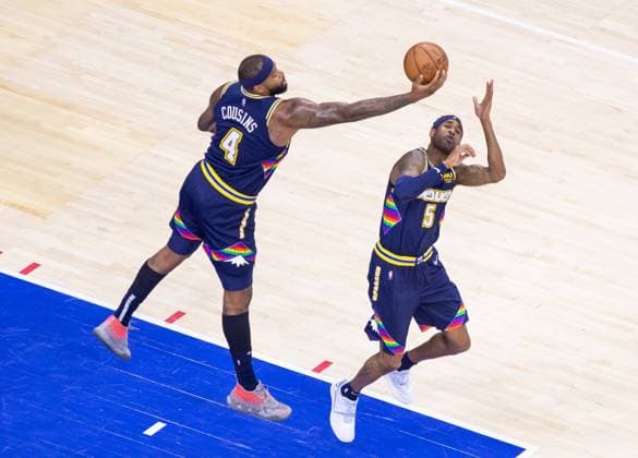 Philadelphia, Pennsylvania, United States of America, March 14th 2022: Cousins (Nuggets 4) getting the rebound during the National Basketball Association game between the Philadelphia 76ers and Denver Nuggets at Wells Fargo Center in Philadelphia, PA (NO COMMERCIAL USAGE) Georgia Soares SPP Philadelphia 76ers v Denver Nuggets 