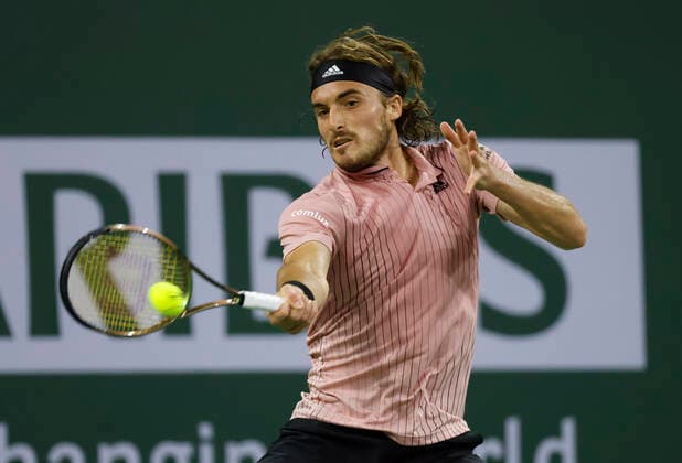 March 14, 2022 Stefanos Tsitsipas of Greece returns a shot against Jenson Brooksby during the 2022 BNP Paribas Open at Indian Wells Tennis Garden in Indian Wells, California. Mandatory Photo Credit: CSM. Indian Wells United States of America - ZUMAc04_ 20220314_zaf_c04_140 Copyright: xCharlesxBausx