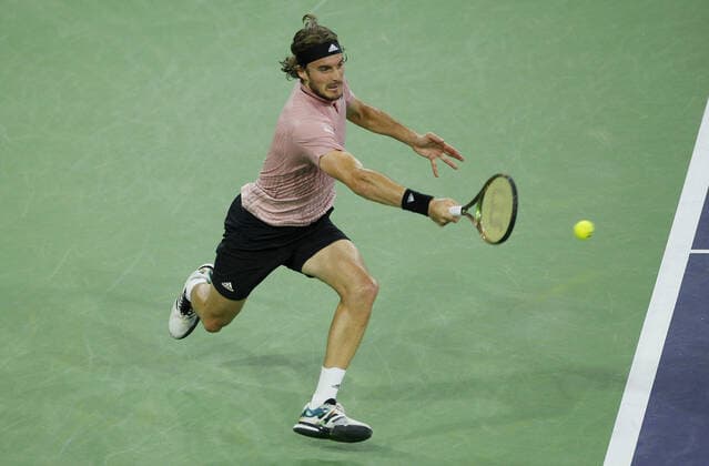 Mandatory Credit: Photo by Ella Ling Shutterstock (12845056ej) Stefanos Tsitsipas of Greece in action BNP Paribas Open, Tennis, Day 6, Indian Wells Tennis Garden, California, USA - 14 Mar 2022 BNP Paribas Open, Tennis, Day 6, Indian Wells Tennis Garden, California, USA - 14 Mar 2022 Copyright: xEllaxLing Shutterstockx 12845056ej