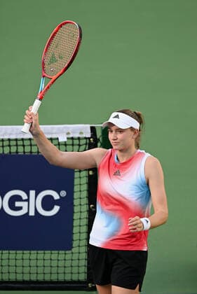 INDIAN WELLS, CA - MARCH 14: Elena Rybakina of Kazakhstan on the court after defeating Victoria Azarenka of Russia during a tennis match at the BNP Paribas Open played on March 14, 2022 at the Indian Wells Tennis Garden in Indian Wells, CA. (Photo by John Cordes Icon Sportswire) TENNIS: MAR 14 BNP Paribas Open Icon506220314121