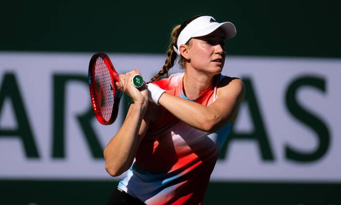 March 14, 2022, INDIAN WELLS, CALIFORNIA, UNITED STATES: Elena Rybakina of Kazakhstan in action during the third round of the 2022 BNP Paribas Open WTA, Tennis Damen 1000 tennis tournament against Victoria Azarenka of Belarus INDIAN WELLS UNITED STATES - ZUMAa181 20220314_zaa_a181_044 Copyright: xRobxPrangex
