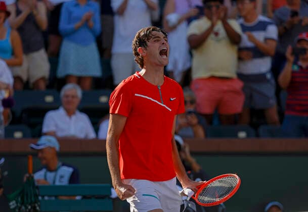 March 15, 2022 Taylor Fritz celebrates after winning his match against Jaume Munar of Spain during the 2022 BNP Paribas Open at Indian Wells Tennis Garden in Indian Wells, California. Mandatory Photo Credit: CSM. Indian Wells United States of America - ZUMAc04_ 20220315_zaf_c04_103 Copyright: xCharlesxBausx