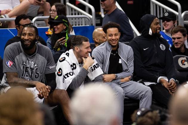 Orlando, Florida, March 15th 2022: Brooklyn Nets players laugh while crowd chants for Kyrie Irving (11 Brooklyn Nets) to be back during the National Basketball Association game between Orlando Magic and Brooklyn Nets at Amway Center in Orlando, Florida. Andrea Vilchez SPP Orlando Magic v Brooklyn Nets - National Basketball Association - Amway Center 
