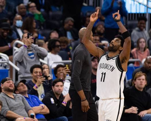 Orlando, Florida, March 15th 2022: Kyrie Irving (11 Brooklyn Nets) celebrates scoring sixty points during the National Basketball Association game between Orlando Magic and Brooklyn Nets at Amway Center in Orlando, Florida. Andrea Vilchez SPP Orlando Magic v Brooklyn Nets - National Basketball Association - Amway Center 