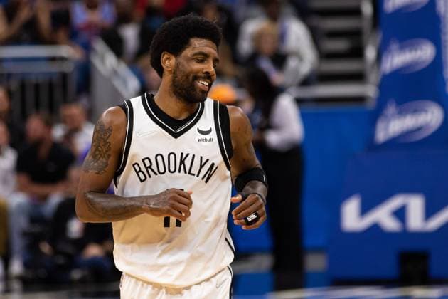 Orlando, Florida, March 15th 2022: Kyrie Irving (11 Brooklyn Nets) smiles during the National Basketball Association game between Orlando Magic and Brooklyn Nets at Amway Center in Orlando, Florida. Andrea Vilchez SPP Orlando Magic v Brooklyn Nets - National Basketball Association - Amway Center 