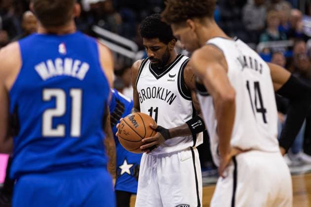Orlando, Florida, March 15th 2022: Kyrie Irving (11 Brooklyn Nets) prepares for a freethrow during the National Basketball Association game between Orlando Magic and Brooklyn Nets at Amway Center in Orlando, Florida. Andrea Vilchez SPP Orlando Magic v Brooklyn Nets - National Basketball Association - Amway Center 