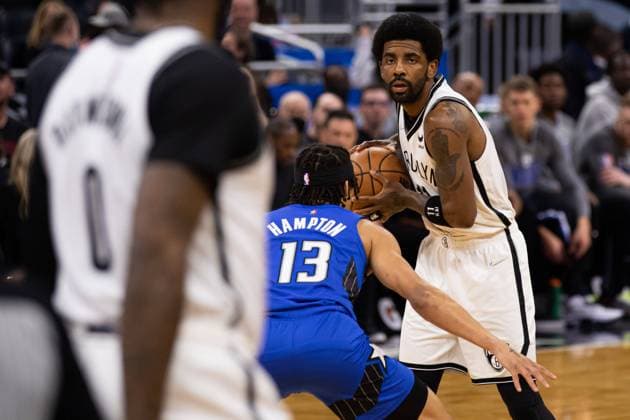 Orlando, Florida, March 15th 2022: Kyrie Irving (11 Brooklyn Nets) holds the ball during the National Basketball Association game between Orlando Magic and Brooklyn Nets at Amway Center in Orlando, Florida. Andrea Vilchez SPP Orlando Magic v Brooklyn Nets - National Basketball Association - Amway Center 