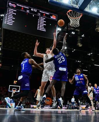 16 03 2022 Basketball Season 2021 2022 2 Bundesliga Pro A 21 Game Day Nuremberg Falcons Basketball Club NBC Phoenix Hagen Jonathan Maier 13, Nuremberg Falcons BC NBC vs Shawn Occeus 1, Phoenix Hagen Melkisedek Moreaux 23, Phoenix Hagen